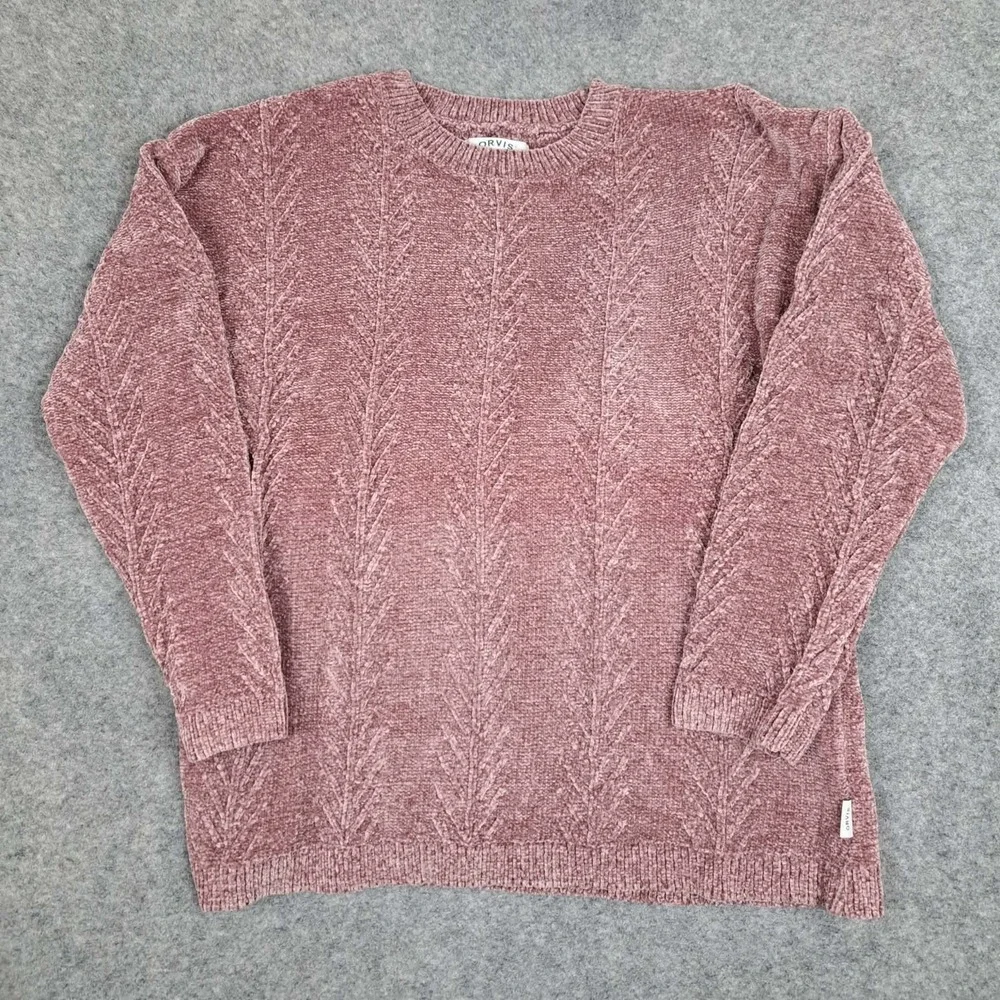 Orvis Chenille Cable Knit Sweater‎ Womens Size Large Mauve Pink Velour Crewneck